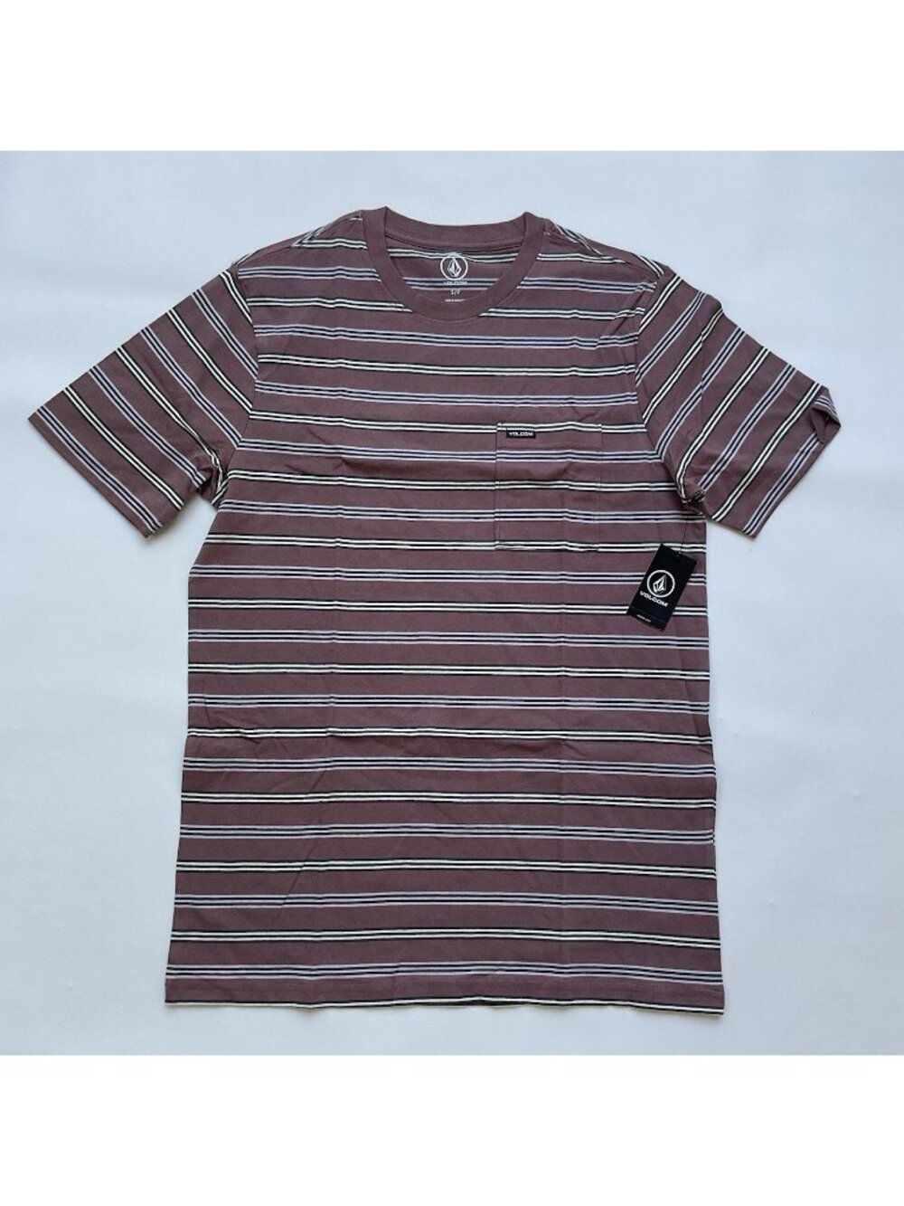 $40 VOLCOM Men’s Crew Striped Short Sleeves T-Shirt Chest Pocket Size S